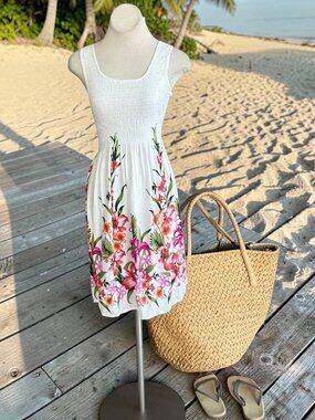Hibiscus Collection Hawaiian Smocked Top Floral Summer Dress One Size